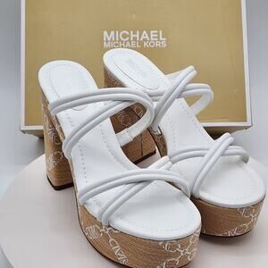 NEW Michael Kors Corrine Platform Leather Chain Sandals White Women's Size 8.5M